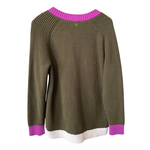 T By Talbots Cardigan Size Large Petite Snap Front V Neck Colorblock Olive Pink - Picture 3 of 7